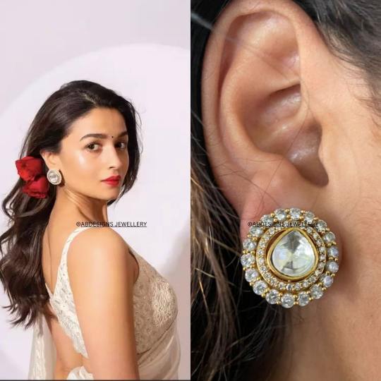Alia Bhatt Inspired Gold Plated Polki Diamond Stud Earring