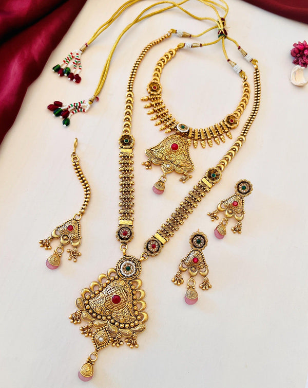 Elegant Long Antique Gold Bridal Necklace Combo