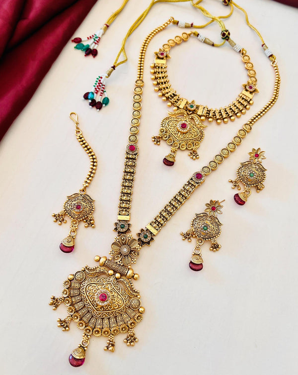 Antique Gold Tone Ruby Stone Bridal Necklace Combo