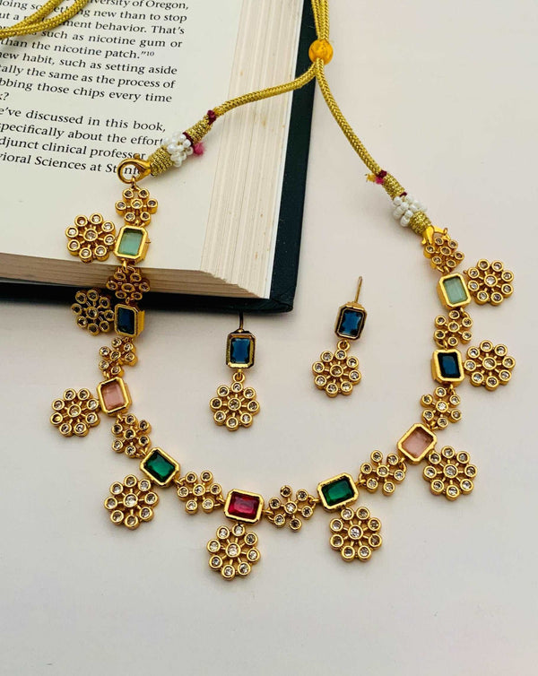 Aesthetic Gold Plated Kempstone Necklace With Pair Of Earrings