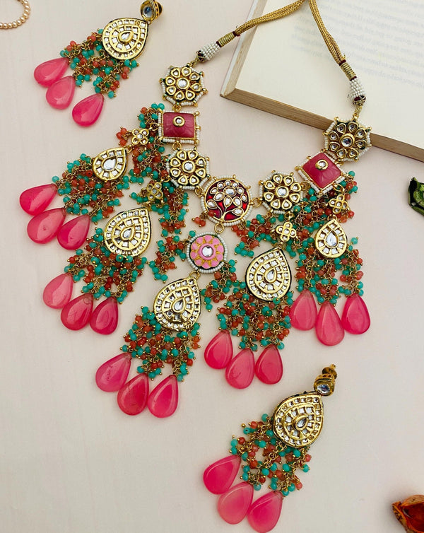 Luxurious Pink & Sea Green Kundan Bridal Necklace Set